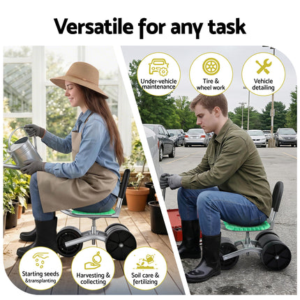 Gardeon Gardening Cart with 360° Swivel Seat | Rolling Work Seat with Adjustable Height & All-Terrain Wheels | 130KG Capacity Heavy Duty Garden Scooter for Back Pain Relief & Vehicle Detailing | Foldable Backrest & Ventilated Seat, Green 4