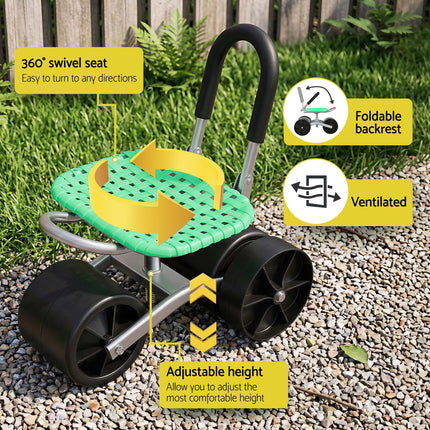 Gardeon Gardening Cart with 360° Swivel Seat | Rolling Work Seat with Adjustable Height & All-Terrain Wheels | 130KG Capacity Heavy Duty Garden Scooter for Back Pain Relief & Vehicle Detailing | Foldable Backrest & Ventilated Seat, Green 5