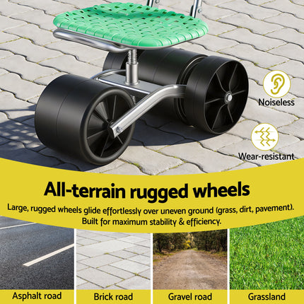 Gardeon Gardening Cart with 360° Swivel Seat | Rolling Work Seat with Adjustable Height & All-Terrain Wheels | 130KG Capacity Heavy Duty Garden Scooter for Back Pain Relief & Vehicle Detailing | Foldable Backrest & Ventilated Seat, Green 7