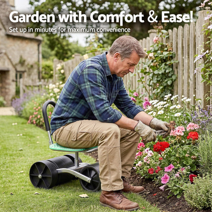 Gardeon Gardening Cart with 360° Swivel Seat | Rolling Work Seat with Adjustable Height & All-Terrain Wheels | 130KG Capacity Heavy Duty Garden Scooter for Back Pain Relief & Vehicle Detailing | Foldable Backrest & Ventilated Seat, Green 8