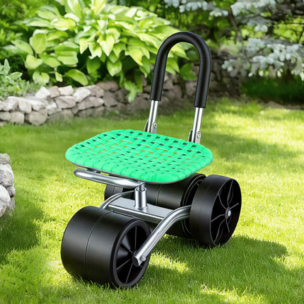 Gardeon Gardening Cart with 360° Swivel Seat | Rolling Work Seat with Adjustable Height & All-Terrain Wheels | 130KG Capacity Heavy Duty Garden Scooter for Back Pain Relief & Vehicle Detailing | Foldable Backrest & Ventilated Seat, Green 9