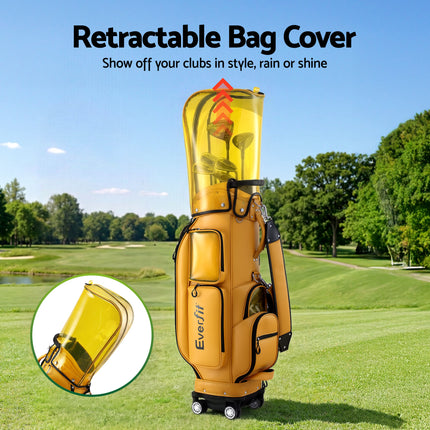 Everfit Golf Cart Bag Rolling Buggy Club Organiser Synthetic Leather Yellow 4