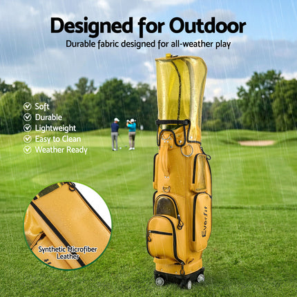 Everfit Golf Cart Bag Rolling Buggy Club Organiser Synthetic Leather Yellow 6