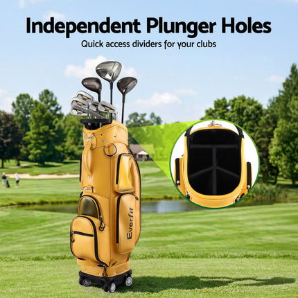 Everfit Golf Cart Bag Rolling Buggy Club Organiser Synthetic Leather Yellow 7