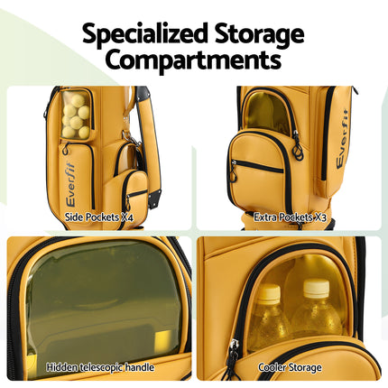 Everfit Golf Cart Bag Rolling Buggy Club Organiser Synthetic Leather Yellow 8