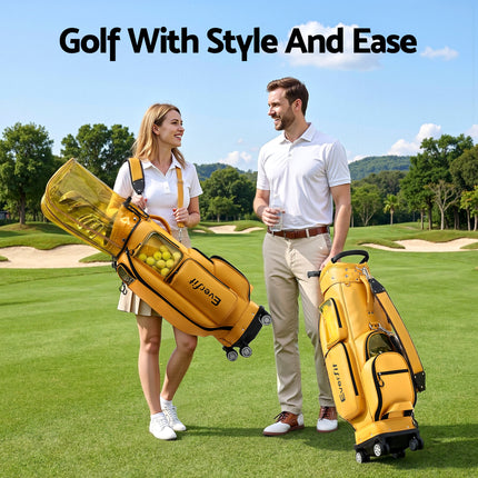 Everfit Golf Cart Bag Rolling Buggy Club Organiser Synthetic Leather Yellow 9