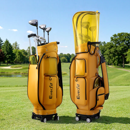 Everfit Golf Cart Bag Rolling Buggy Club Organiser Synthetic Leather Yellow 10