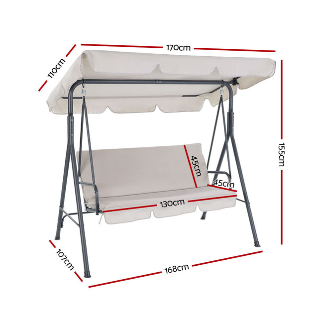 Gardeon Outdoor Swing Chair Garden Chair Bench Furniture Canopy 3 Seater Beige 2