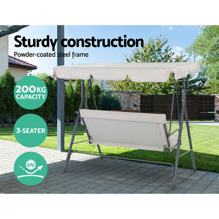 Gardeon Outdoor Swing Chair Garden Chair Bench Furniture Canopy 3 Seater Beige 6
