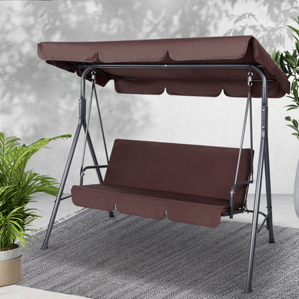 Gardeon Outdoor Swing Chair Garden Chair Bench Furniture Canopy 3 Seater Brown