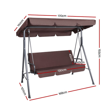 Gardeon Outdoor Swing Chair Garden Chair Bench Furniture Canopy 3 Seater Brown 2