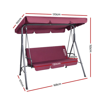 Gardeon Outdoor Swing Chair Garden Bench Furniture Canopy 3 Seater Wine Red 2