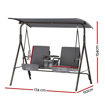 Gardeon Outdoor Swing Chair Garden Chair Canopy Cup Holder 2 Seater Grey 2