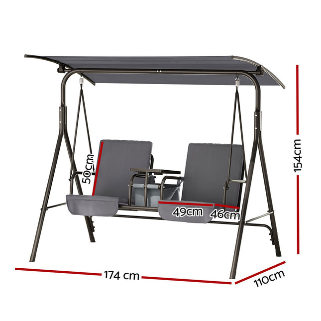 Gardeon Outdoor Swing Chair Garden Chair Canopy Cup Holder 2 Seater Grey 2