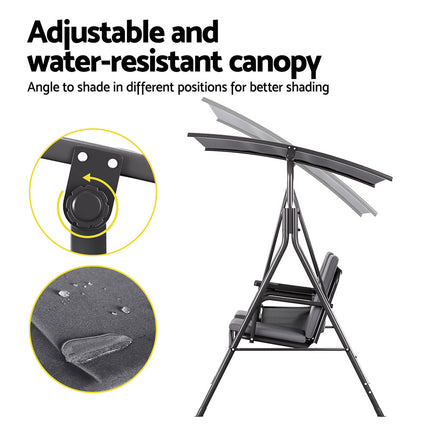 Gardeon Outdoor Swing Chair Garden Chair Canopy Cup Holder 2 Seater Grey 4