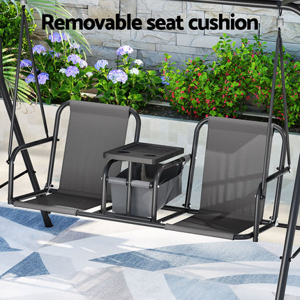Gardeon Outdoor Swing Chair Garden Chair Canopy Cup Holder 2 Seater Grey 5