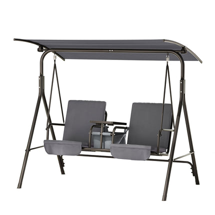 Gardeon Outdoor Swing Chair Garden Chair Canopy Cup Holder 2 Seater Grey 7