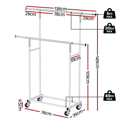 Artiss Clothes Rack Double Rod Airer Rail Coat Stand Adjustable Hanger 2