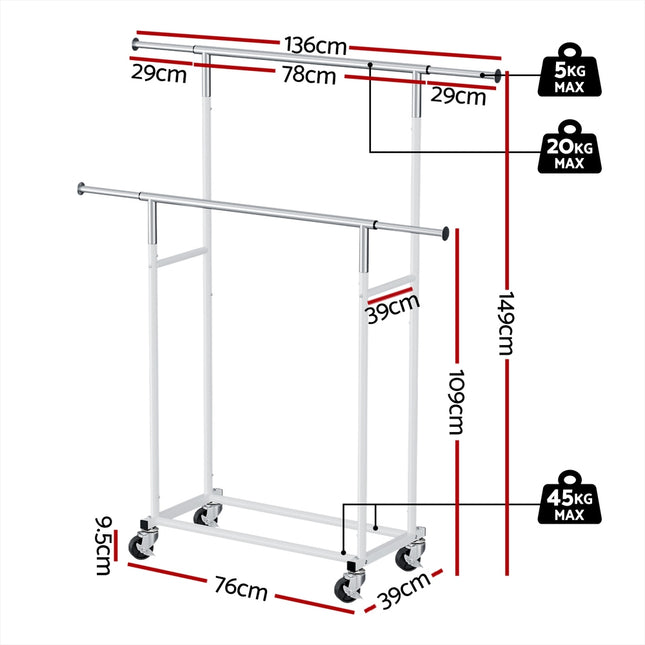 Artiss Clothes Rack Double Rod Airer Rail Coat Stand Adjustable Hanger 2