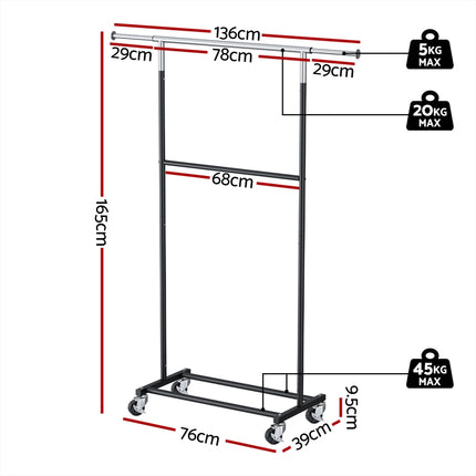Artiss Clothes Rack Double Rod Airer Rail Coat Stand Adjustable Hanger 2