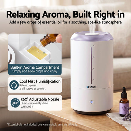 Devanti Ultrasonic Humidifier Aroma Diffuser Top Fill Quiet Bedroom 4L White 4