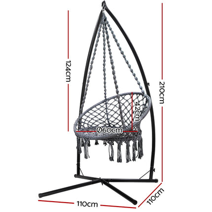 Gardeon Hammock Chair with Steel Stand Macrame Outdoor Swinging Grey 2