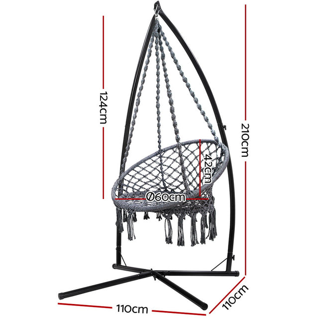 Gardeon Hammock Chair with Steel Stand Macrame Outdoor Swinging Grey 2