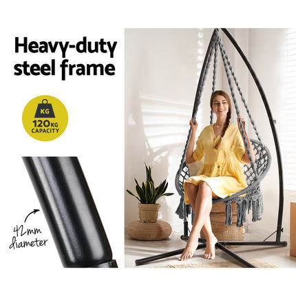 Gardeon Hammock Chair with Steel Stand Macrame Outdoor Swinging Grey 4