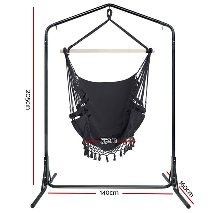 Gardeon Outdoor Hammock Chair with Stand Tassel Hanging Rope Hammocks Grey 2