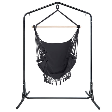 Gardeon Outdoor Hammock Chair with Stand Tassel Hanging Rope Hammocks Grey 3