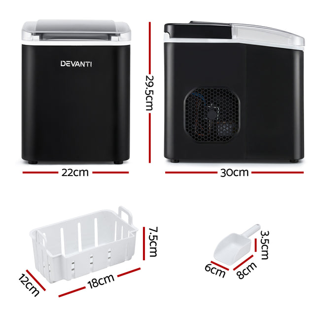 Devanti Ice Maker Machine Portable 12kg Countertop w/Self Cleaning 1.2L Black 2