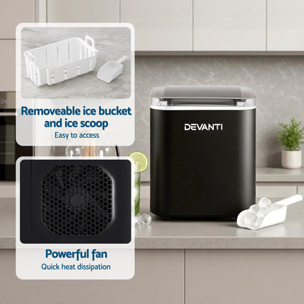Devanti Ice Maker Machine Portable 12kg Countertop w/Self Cleaning 1.2L Black 11