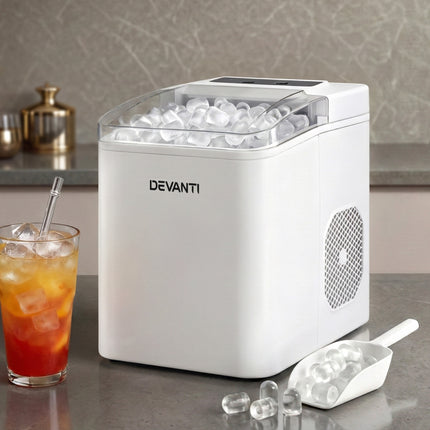 Devanti Ice Maker Machine Portable 12kg Countertop w/Self Cleaning 1.2L White 12