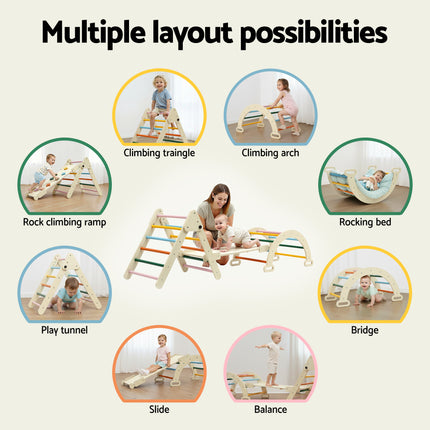 Keezi Kids Triangle Climbing Toys Set With Slide Indoor Outdoor Toddler Toys Pikler Climber With Arch 5
