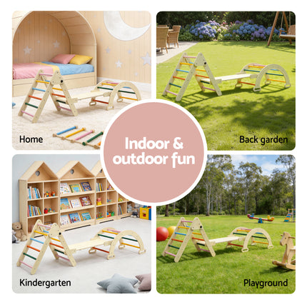 Keezi Kids Triangle Climbing Toys Set With Slide Indoor Outdoor Toddler Toys Pikler Climber With Arch 6