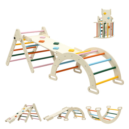 Keezi Kids Triangle Climbing Toys Set With Slide Indoor Outdoor Toddler Toys Pikler Climber With Arch 8
