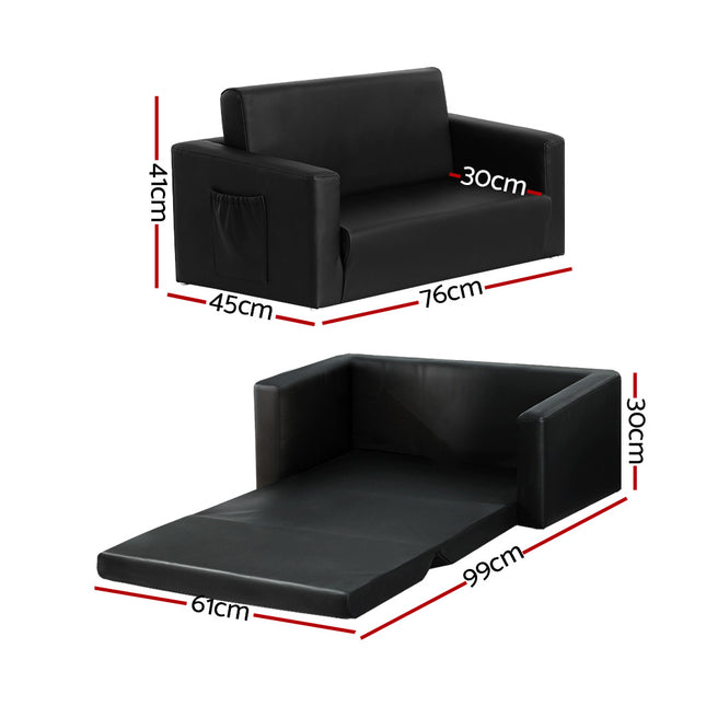 Keezi Kids Sofa 2 Seater Children Flip Open Couch PU Leather Armchair Black 2