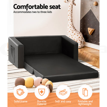 Keezi Kids Sofa 2 Seater Children Flip Open Couch PU Leather Armchair Black 4