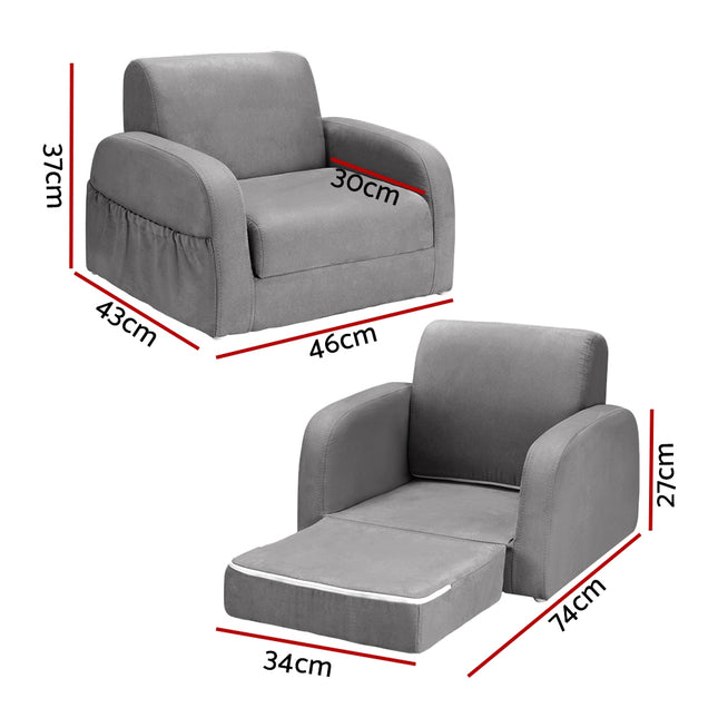 Keezi Kids Sofa 1 Seater Children Flip Open Couch Lounger Armchair Soft Grey 2
