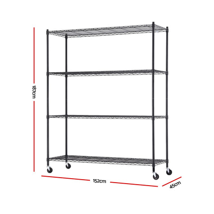 Artiss 4-Tier Kitchen Rack Shelf with Wheels Shelving 152x45x187CM Adjustable Metal Storage Shelves 4