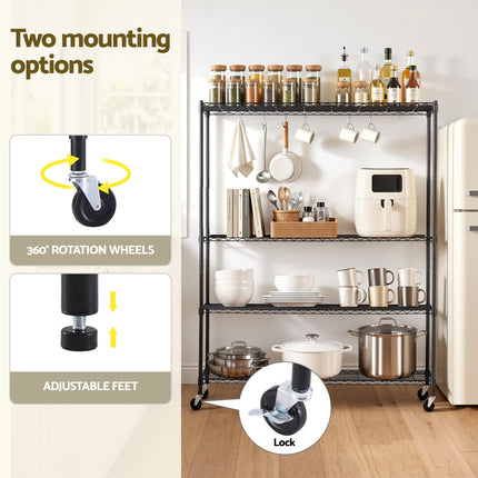 Artiss 4-Tier Kitchen Rack Shelf with Wheels Shelving 152x45x187CM Adjustable Metal Storage Shelves 8