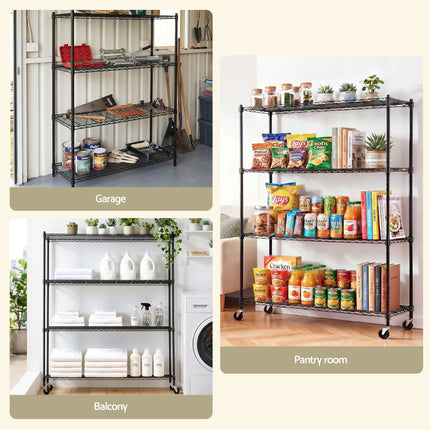 Artiss 4-Tier Kitchen Rack Shelf with Wheels Shelving 152x45x187CM Adjustable Metal Storage Shelves 10