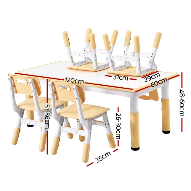 Keezi Kids Table and 4 Chairs Set Height Adjustable Toddler Desk and Chair Set for Ages 3-8, Children Activity Table with Graffiti Desktop for Learning Drawing Playing, Yellow 2