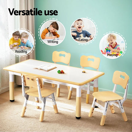 Keezi Kids Table and 4 Chairs Set Height Adjustable Toddler Desk and Chair Set for Ages 3-8, Children Activity Table with Graffiti Desktop for Learning Drawing Playing, Yellow 4