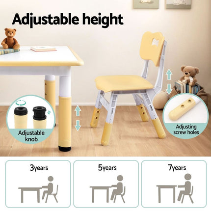 Keezi Kids Table and 4 Chairs Set Height Adjustable Toddler Desk and Chair Set for Ages 3-8, Children Activity Table with Graffiti Desktop for Learning Drawing Playing, Yellow 6