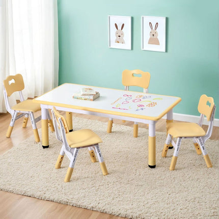 Keezi Kids Table and 4 Chairs Set Height Adjustable Toddler Desk and Chair Set for Ages 3-8, Children Activity Table with Graffiti Desktop for Learning Drawing Playing, Yellow 7