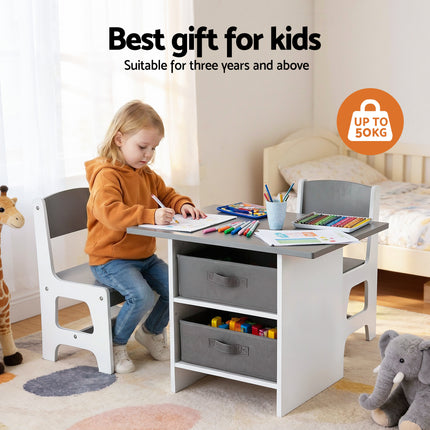 Keezi Kids Table and 2 Chairs Set Wooden Activity Table wit 2 Storage Drawers, Toddler Table and Chair Set for Children Drawing, Reading, Crafts, Eating, Grey 4