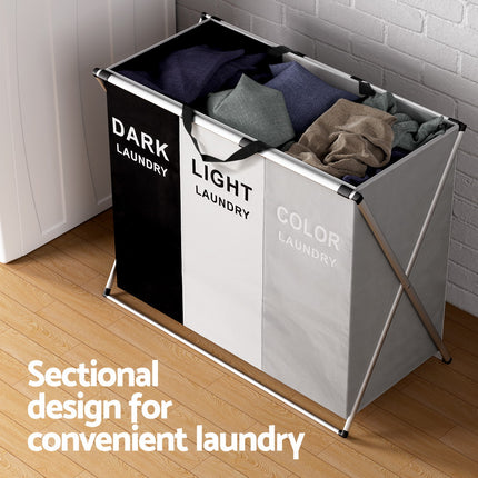 Artiss Laundry Basket Hamper Large Foldable Washing Clothes Storage 3 Sections 4