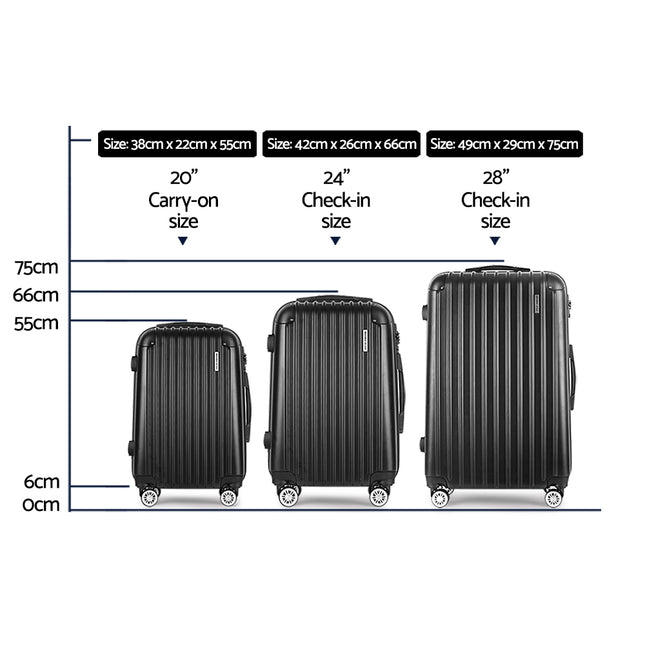 Wanderlite 3 Set Luggage 20-24-28 Inch with TSA Lock Spinner Hard Shell Travel Suitcase Luggage Organiser Case Black 2