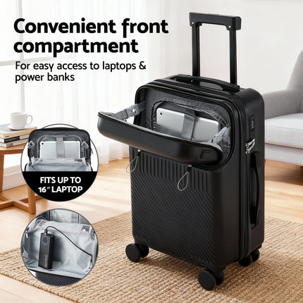 Wanderlite 20" Luggage Suitcase Front Pocket Travel Carry On TSA Black 4
